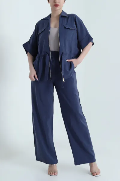 Lacivert Fermuarlı Cepli Tencel Kadın İkili Takım 459984