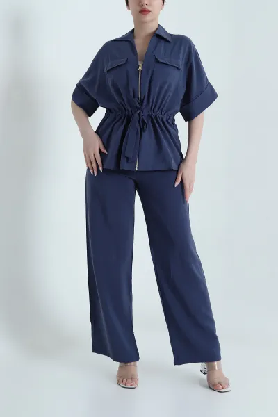 Lacivert Fermuarlı Cepli Tencel Kadın İkili Takım 459984