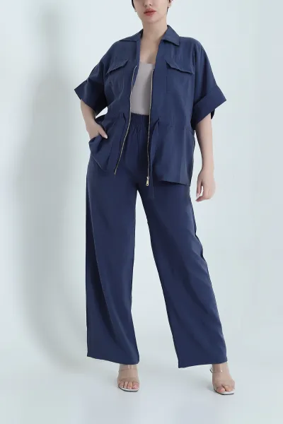 Lacivert Fermuarlı Cepli Tencel Kadın İkili Takım 459984