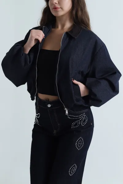 Lacivert Fermuarlı Denim Kadın Balon Ceket 497795