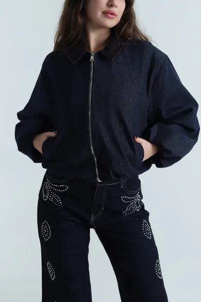 Lacivert Fermuarlı Denim Kadın Balon Ceket 497795