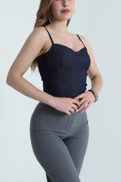 Lacivert Fermuarlı İp Askılı Kadın Kot Büstiyer 479147