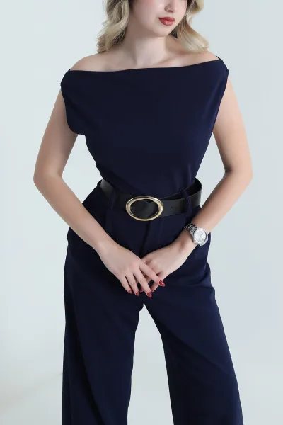 Lacivert Fermuarlı Jakarlı Kadın Tulum 463491