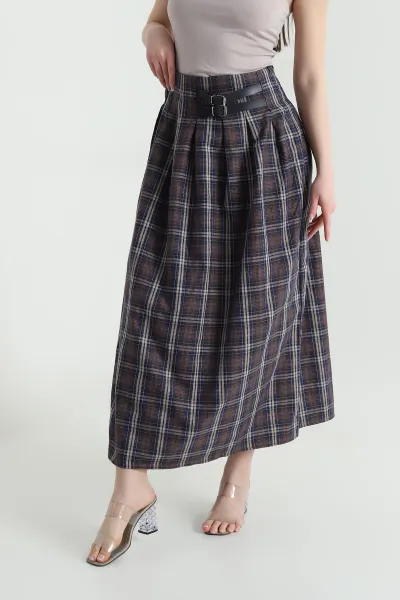 Lacivert Fermuarlı Kemer Tasarım Kadın Ekose Etek 451398