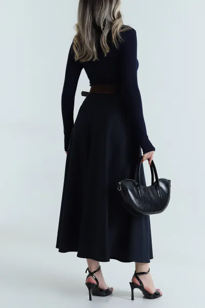 Lacivert Fermuarlı Kemerli Poliviskon Kadın Etek 499314