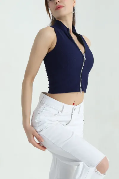 Lacivert Fermuarlı Kolsuz Ottoman Bluz 350781