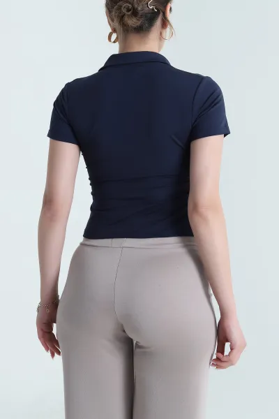 Lacivert Fermuarlı Polo Yaka Modal Kadın Bluz 478158