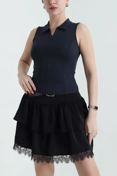 Lacivert Fermuarlı Polo Yaka Oysho Kadın Bluz 432200