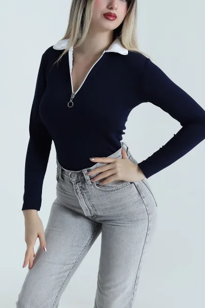 Lacivert Fermuarlı Polo Yaka Oysho Kadın Bluz 488565