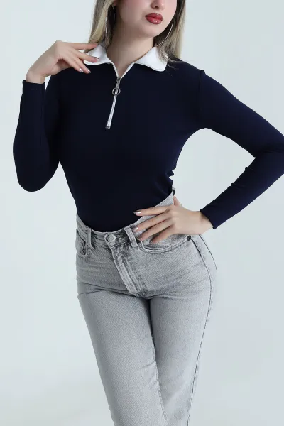 Lacivert Fermuarlı Polo Yaka Oysho Kadın Bluz 488565