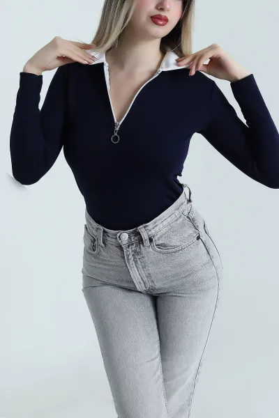 Lacivert Fermuarlı Polo Yaka Oysho Kadın Bluz 488565