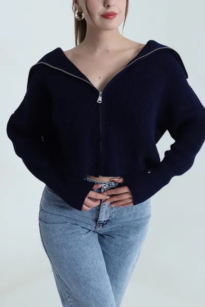 Lacivert Fermuarlı Selanik Triko Kadın Hırka 490343