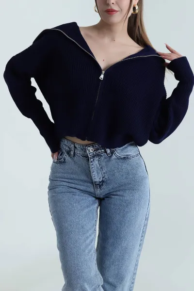 Lacivert Fermuarlı Selanik Triko Kadın Hırka 490343