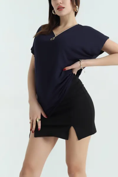 Lacivert Fermuarlı Viskon Bluz 335658