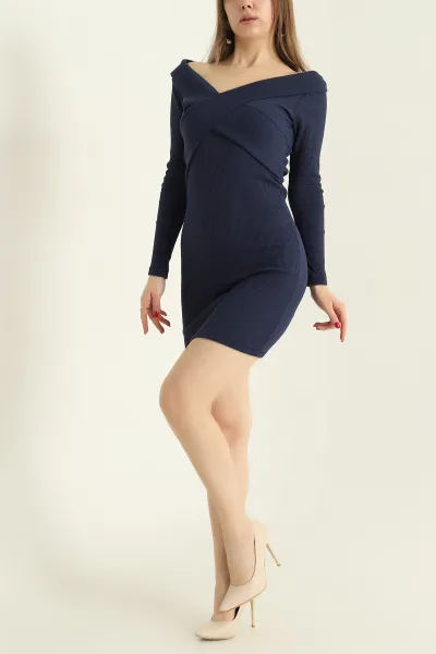 Lacivert Fitilli Kruvaze Yaka Elbise 329445