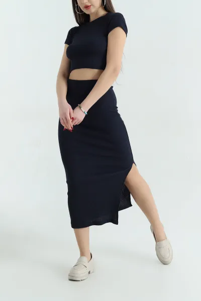 Lacivert Fitilli Likralı Bluz Etek İkili Takım 336788