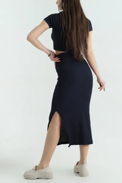 Lacivert Fitilli Likralı Bluz Etek İkili Takım 336788