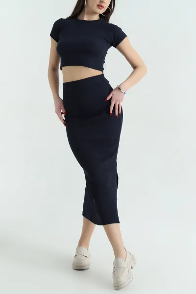 Lacivert Fitilli Likralı Bluz Etek İkili Takım 336788