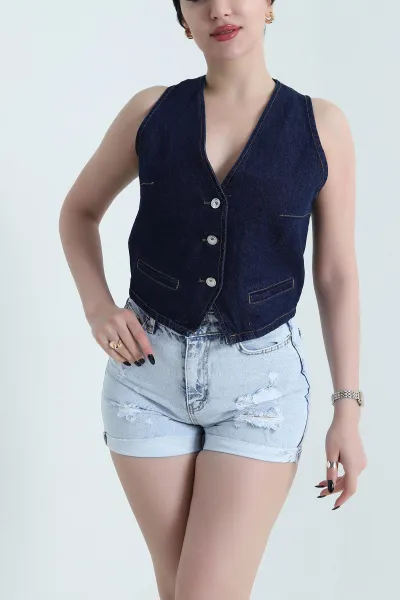 Lacivert Fleto Cepli Kadın Kot Yelek 451508