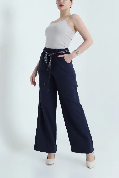 Lacivert Fular Kemerli Tensel Gabardin Kadın Pantolon 440441