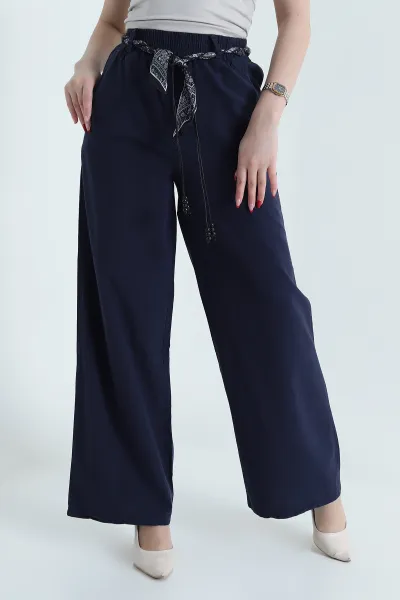 Lacivert Fular Kemerli Tensel Gabardin Kadın Pantolon 440441