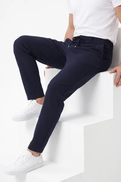 Lacivert Gabardin Kumaş Bağlamalı Erkek Pantolon 491671