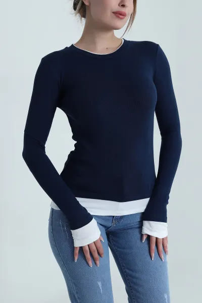 Lacivert Garnili Kadın Body Bluz 486636