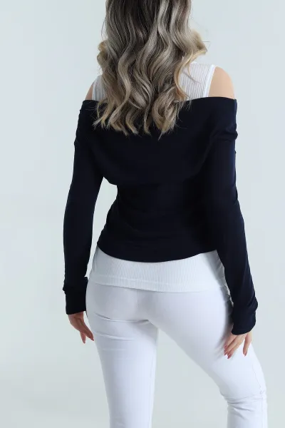 Lacivert Garnili Viskon Kadın Bluz 487170