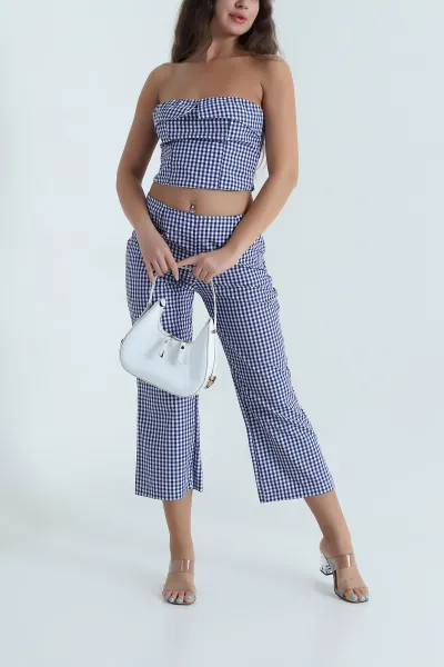 Lacivert Gipeli Ekose Büstiyer Pantolon Kadın İkili Takım 482570