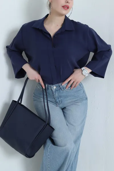 Lacivert Gizli Pat Oversize Modal Kadın Gömlek 440201