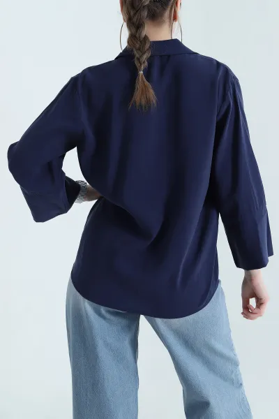 Lacivert Gizli Pat Oversize Modal Kadın Gömlek 440201