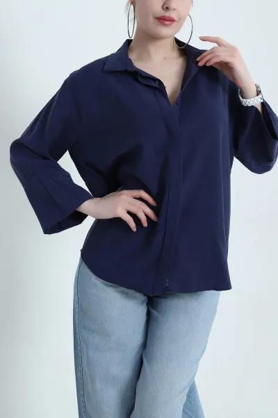 Lacivert Gizli Pat Oversize Modal Kadın Gömlek 440201