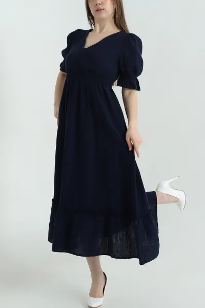 lacivert-gofreli-gipeli-muslin-keten-kadin-elbise-351090