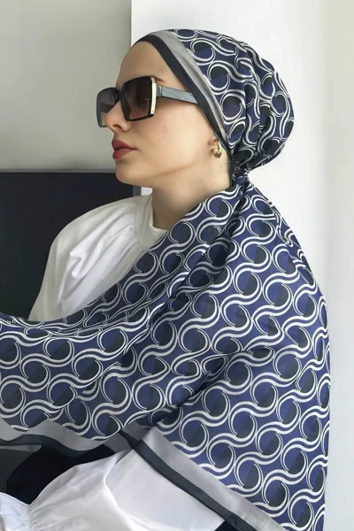Lacivert-Gri 90x90 Cm Dijital Baskı Ay Işığı Desenli Pamuk Eşarp 372977