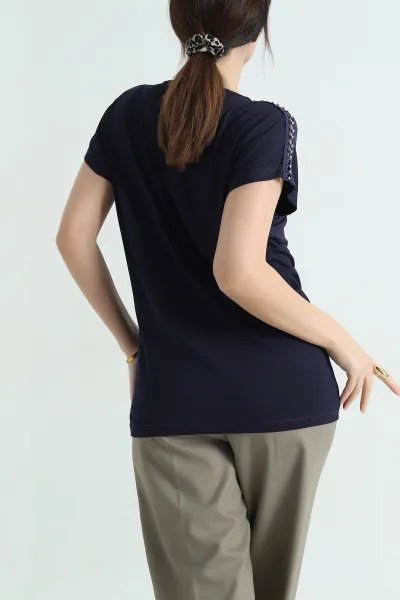 Lacivert İncili Dantelli Çilek Bluz 334550