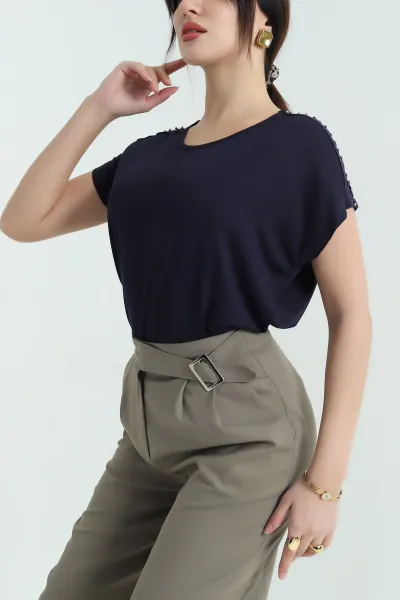 Lacivert İncili Dantelli Çilek Bluz 334550
