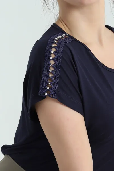 Lacivert İncili Dantelli Çilek Bluz 334550
