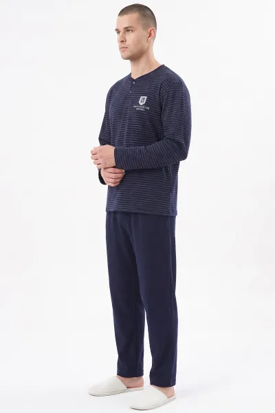 Lacivert İnterlok Kumaş Çizgi Detay Erkek Uzun Kollu Pijama Takımı 498821