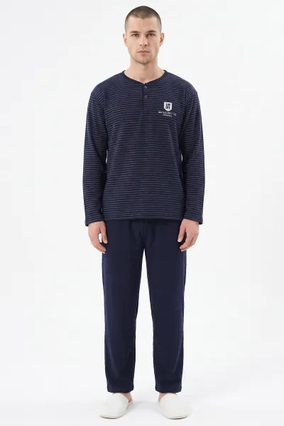 Lacivert İnterlok Kumaş Çizgi Detay Erkek Uzun Kollu Pijama Takımı 498821