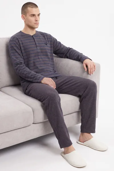 Lacivert İnterlok Kumaş Düğme Detaylı Erkek Uzun Kollu Pijama Takımı 500952