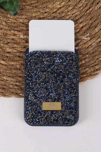 Lacivert Iphone Uyumlu Diamond Wallet Case - Taşlı Magsafe Kartlık - Telefon Kartlığı 431867