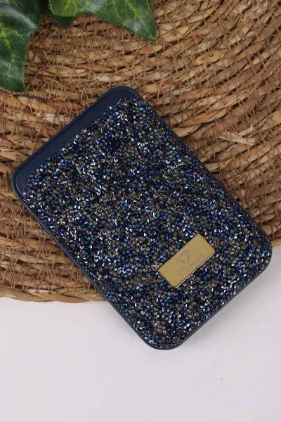Lacivert Iphone Uyumlu Diamond Wallet Case - Taşlı Magsafe Kartlık - Telefon Kartlığı 431867