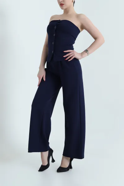 Lacivert Jakarlı Crep Kadın İkili Takım 440365