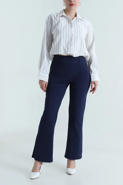 Lacivert Jakarlı Crep Likralı Kadın Pantolon 491084