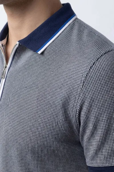 Lacivert Jakarlı Yarım Fermuarlı Polo Yaka Erkek Tişört 435079