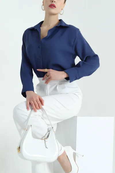 Lacivert Jessica Kumaş Likralı Bayan Gömlek 335556