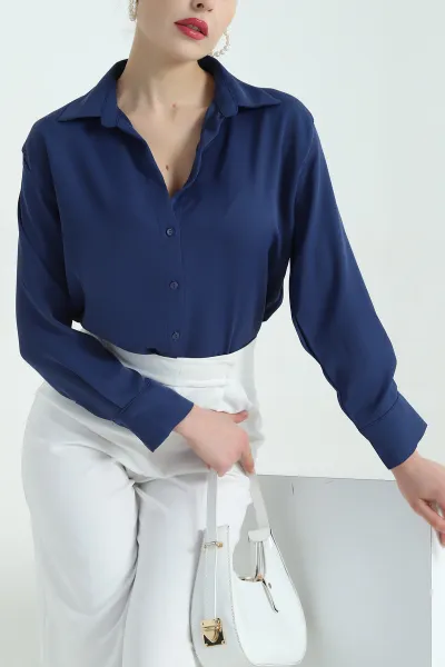 Lacivert Jessica Kumaş Likralı Bayan Gömlek 335556