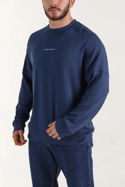 Lacivert Kabartma Yazılı Bisiklet Yaka Erkek Sweatshirt 396892