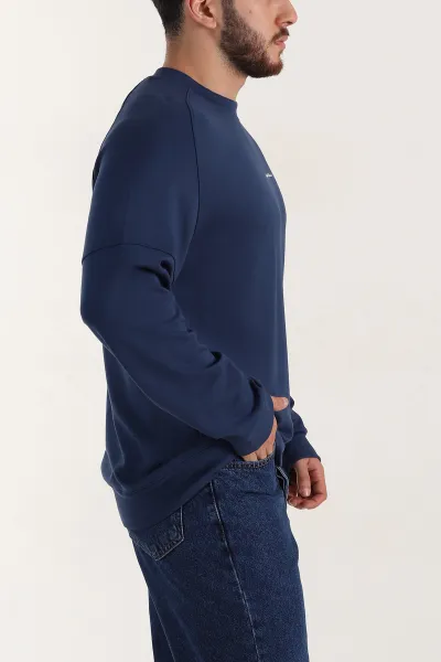 Lacivert Kabartma Yazılı Bisiklet Yaka Erkek Sweatshirt 396892