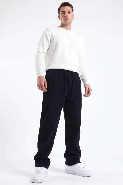 Lacivert Kadife Baggy Yeni Sezon Belden Bağlamalı Erkek Pantolon 493159